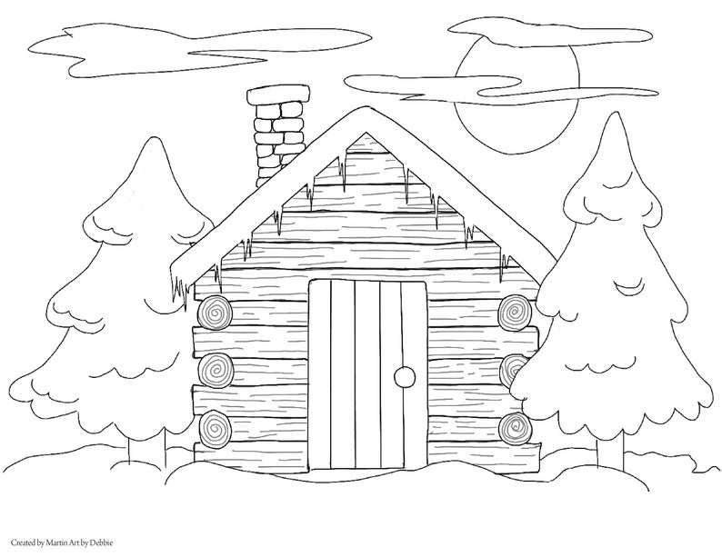 Cabin in the Woods Colouring Page, Instant Download, Lots of Fun for Kids and Adults image 1