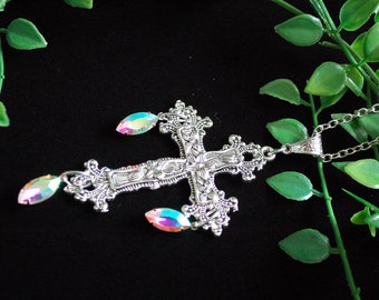 Large Silver tone AB clear rhinestone drop ornate cross necklace gothic gift