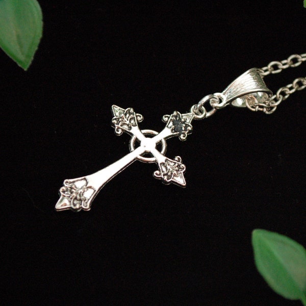 Silver tone gothic cross necklace gift