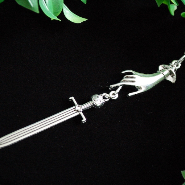 Silver tone sword hand lady in the lake excalibur pendant necklace gift
