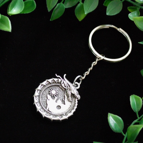 Porte-clés pendentif scandinave Fenrir avec dragon yin yang argenté, cadeau loup