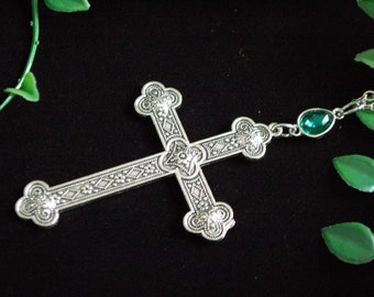 Large Silver tone ornate cross green teardrop necklace gothic gift