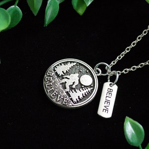 Silver tone BELIEVE bigfoot sasquatch Pendant Necklace gift