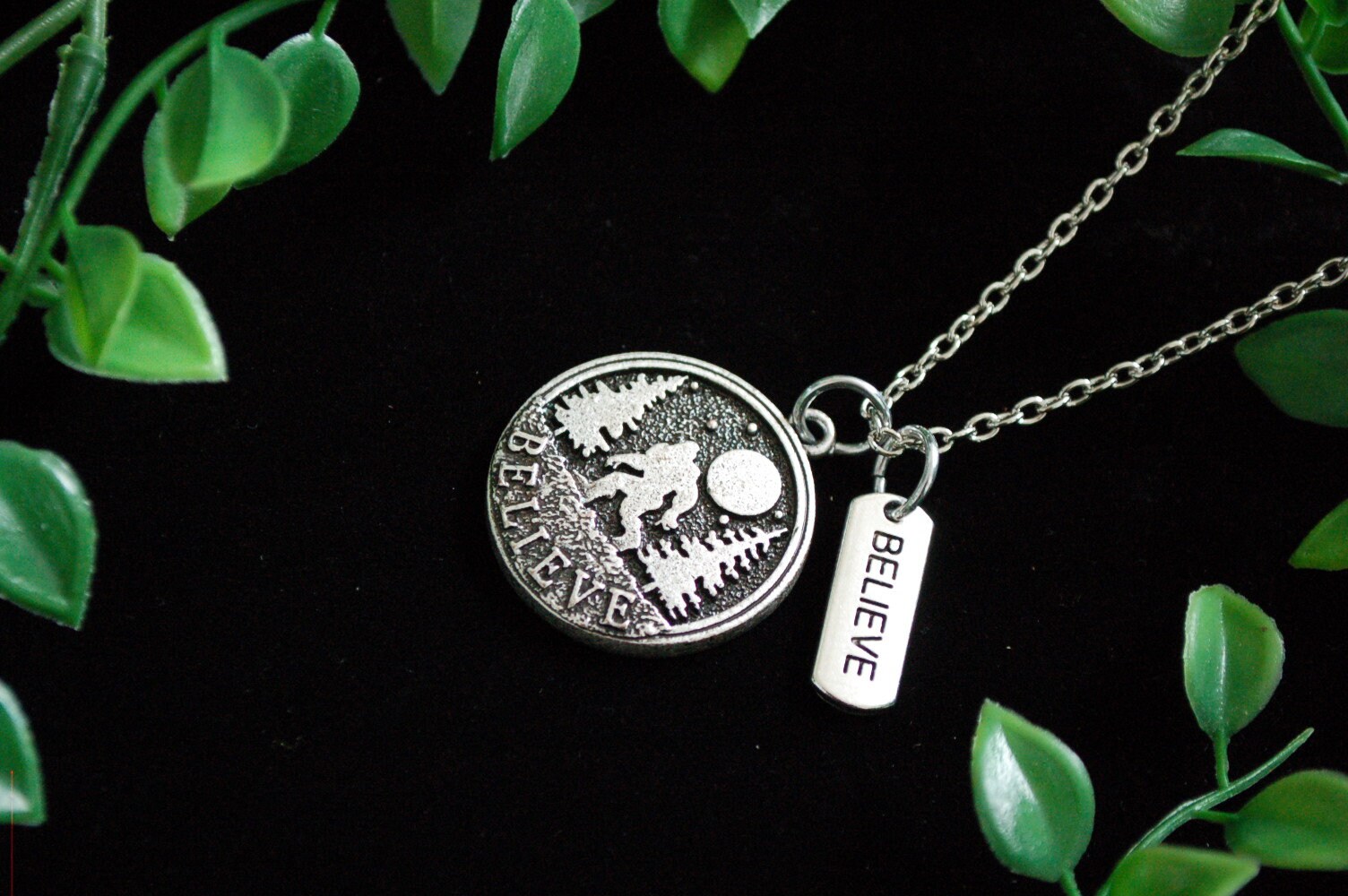 Silver tone BELIEVE bigfoot sasquatch Pendant Necklace gift