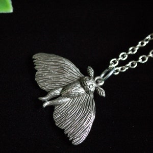 Puede incluir: Un collar de plata con un colgante de polilla detallado. La polilla se representa con las alas extendidas y su cuerpo es visible. El collar est&aacute; hecho de una cadena de plata.
