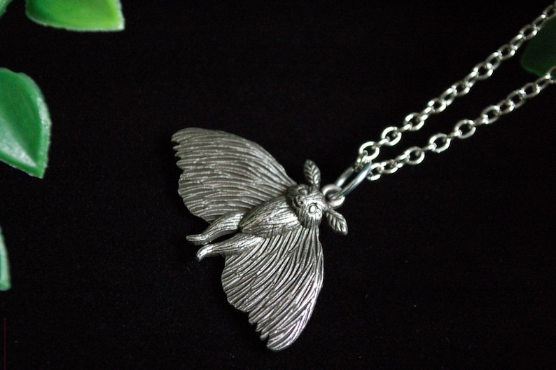 Puede incluir: Un collar de plata con un colgante de polilla detallado. La polilla se representa con las alas extendidas y su cuerpo es visible. El collar est&aacute; hecho de una cadena de plata.
