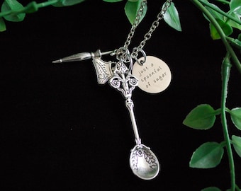 Mary Poppins Just a spoonful of sugar necklace umbrella bag spoon quote gift