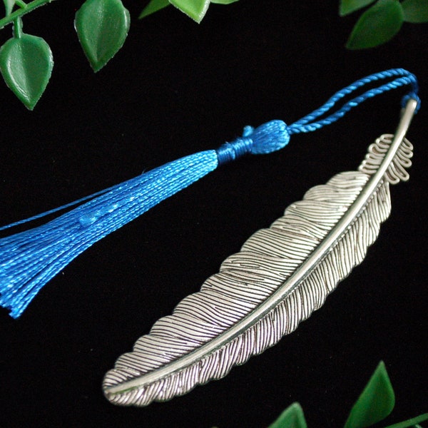 Silver tone feather bookmark with blue tassel gift