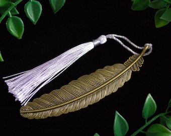 Bronze tone feather bookmark with lavender purple tassel gift