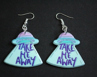 silver tone Acrylic take me away UFO aliens earrings gift