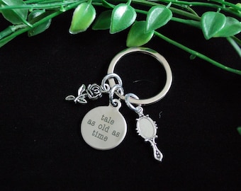 Beauty and the Beast Keychain: Tale as Old as Time, Rose & Mirror Charm