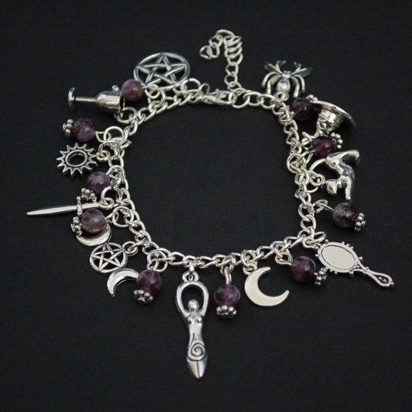 Silver tone mother goddess wicca charm bracelet pagan goddess purple amethyst beads gift