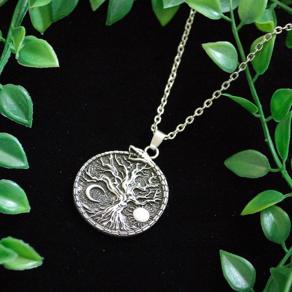 Silver tone viking Yggdrasill tree of life Protection Symbol Pendant Necklace sun moon gift