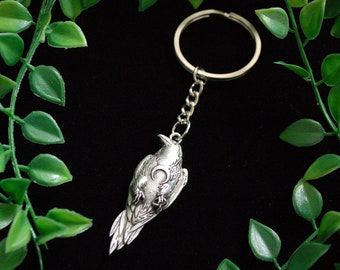 Silver tone viking Odin's Raven Keyring keychain crescent moon gift