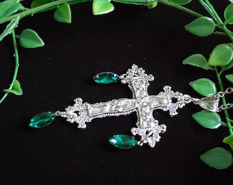 Large Silver tone emerald green rhinestone drop ornate cross necklace gothic gift