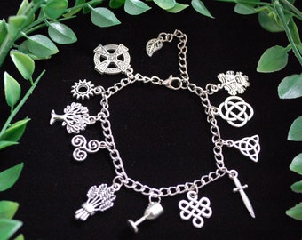 Silver tone Celtic Pagan charm bracelet green man harvest gift