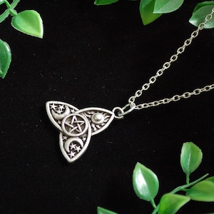Triple moon goddess triquetra necklace pagan pentagram moon stars gift