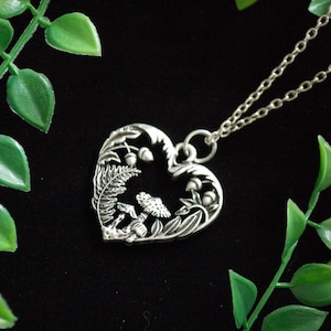 Heart shape mushroom Necklace fern acorn nature goddess gift