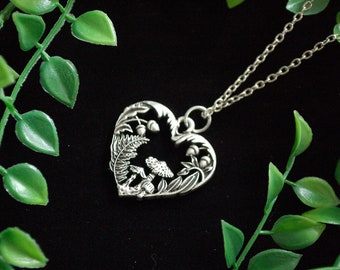 Heart shape mushroom Necklace fern acorn nature goddess gift