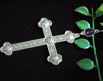 Large Silver tone ornate cross purple teardrop necklace gothic gift