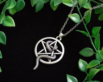 Satanic Pentagram serpent Lucifer entwined Necklace snake gothic occult gift