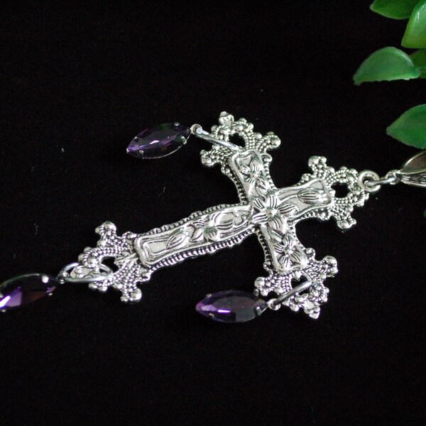 Large Silver tone Purple rhinestone drop ornate cross necklace gothic gift