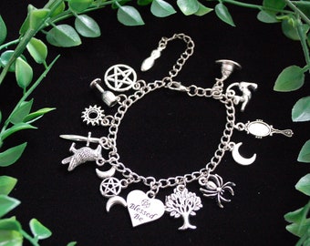 Silver tone Blessed Be wicca charm bracelet pagan goddess gift