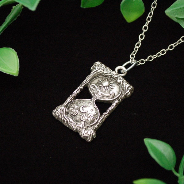 Silver tone Fantasy Sand Timer pagan necklace Sun moon gift