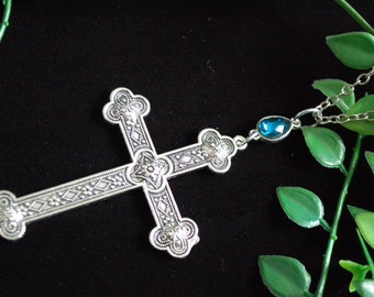 Large Silver tone ornate cross blue teardrop necklace gothic gift