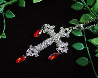 Large Silver tone blood red rhinestone drop ornate cross necklace gothic gift