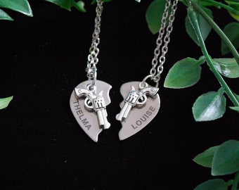 Set of TWO Thelma and Louise split heart gun necklaces gift