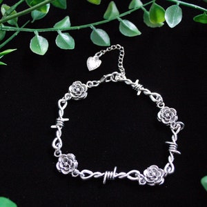 Silver tone barbed wire rose bracelet occult Heart goth witch gift