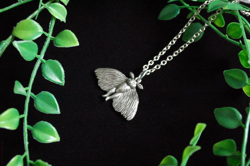 Puede incluir: Un collar de plata con un colgante de polilla detallado. El colgante es una representaci&oacute;n realista de una polilla con alas y patas intrincadas. El collar est&aacute; sobre un fondo negro con hojas verdes.