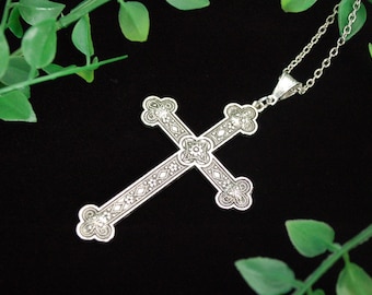 Large Silver tone ornate cross necklace gothic gift