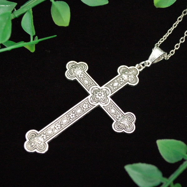 Large Silver tone ornate cross necklace gothic gift