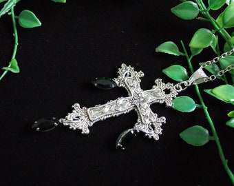 Large Silver tone black rhinestone drop ornate cross necklace gothic gift