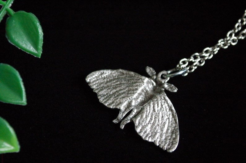 Puede incluir: Un collar de cadena de plata con un colgante de polilla de plata detallada. La polilla tiene alas texturizadas y un cuerpo delicado.