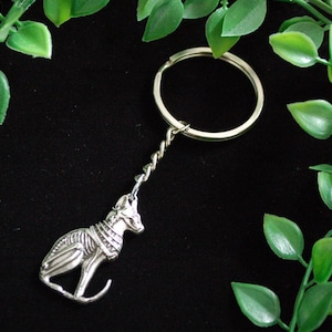 Silver tone Egyptian goddess Bastet cat Keyring keychain skeleton bones gift
