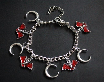 Silver tone red enamel flying bat crescent moon bracelet occult goth witch Halloween gift