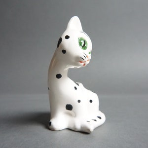 Vintage I.W. Rice & Co Imports Spotted Ceramic Cat Figurine, Hand Painted, Toothpick Holder, Japan, Dalmatian, Kitschy, 1950's, Black, White image 2