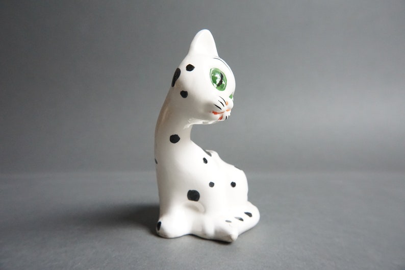 Vintage I.W. Rice & Co Imports Spotted Ceramic Cat Figurine, Hand Painted, Toothpick Holder, Japan, Dalmatian, Kitschy, 1950's, Black, White image 2
