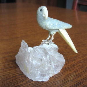 Vintage Carved Stone Bird on Crystal Base, Carved Parrot Figurine, Quartz Crystal Base, Semi Precious Stone Parrot, Miniature Tropical Bird