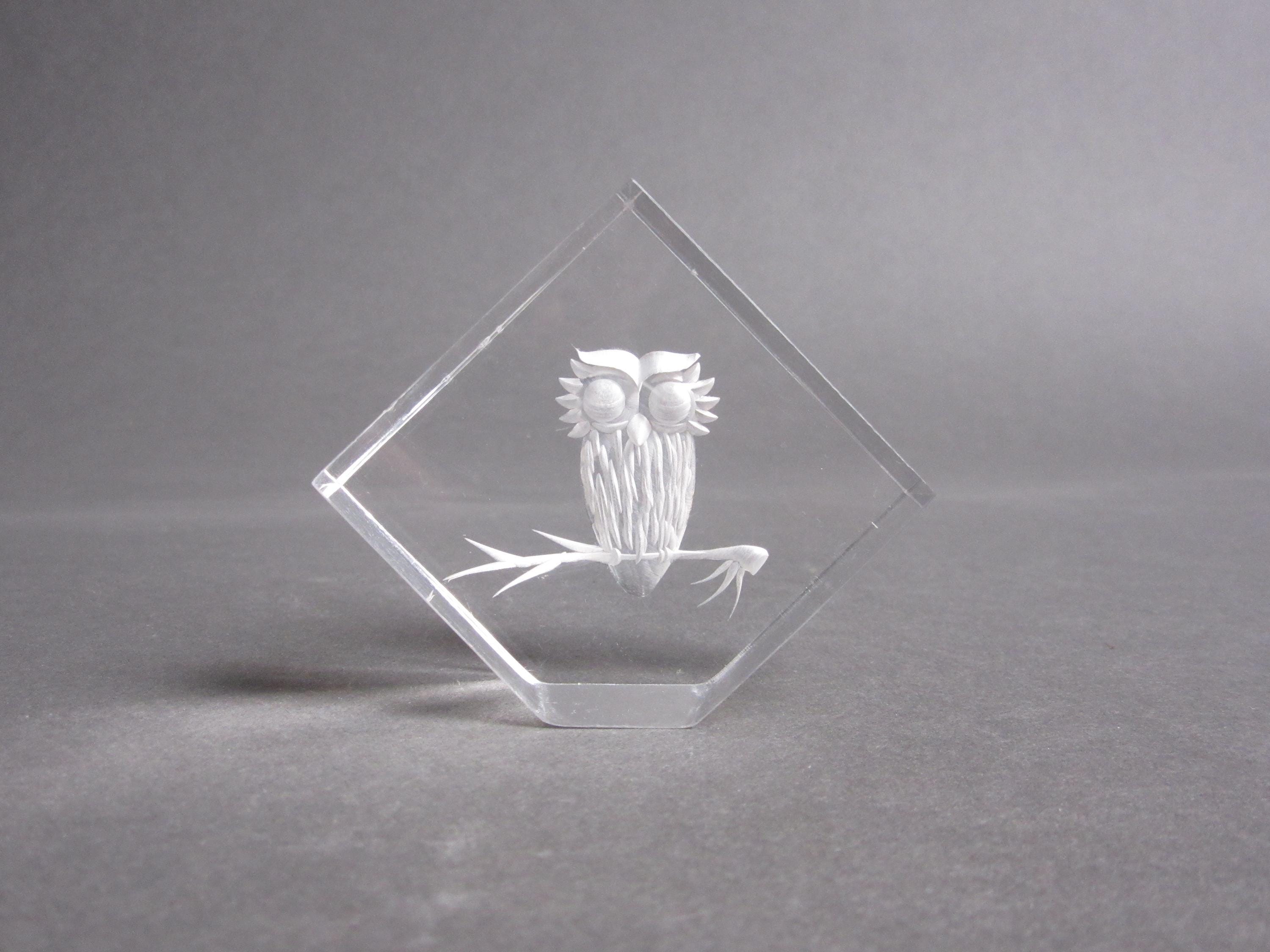 Vintage Reversed Carved Lucite Owl Figurine, Miniature Clear Lucite Statue, Cute Owl On Branch, Vint