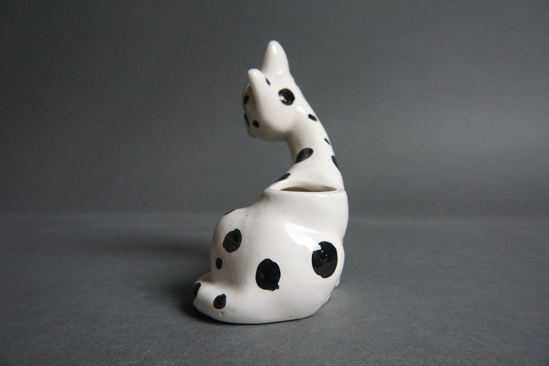 Vintage I.W. Rice & Co Imports Spotted Ceramic Cat Figurine, Hand Painted, Toothpick Holder, Japan, Dalmatian, Kitschy, 1950's, Black, White image 6