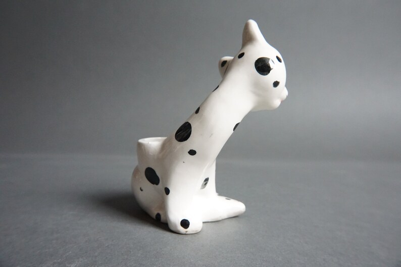 Vintage I.W. Rice & Co Imports Spotted Ceramic Cat Figurine, Hand Painted, Toothpick Holder, Japan, Dalmatian, Kitschy, 1950's, Black, White image 4