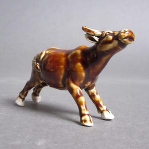Vintage Ceramic Brown Bull Figurine, Miniature Porcelain Bull, Vintage Farm Animal Figurine, Brown Porcelain Bull, Mini Animal Figurine