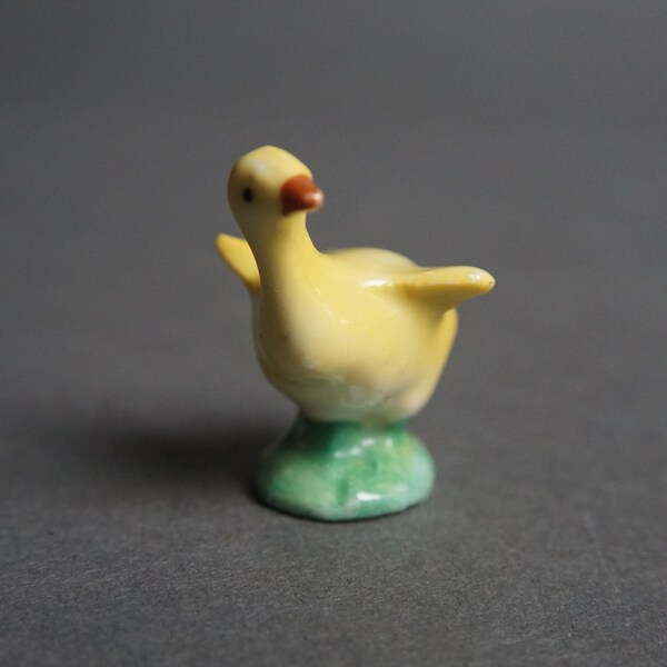 Ceramic Duck Figurine, Yellow Duck w/ Green Base, Bone China Duck, Miniature Ceramic Duck Figurine, Young Ceramic Yellow Duck w/ Green Base