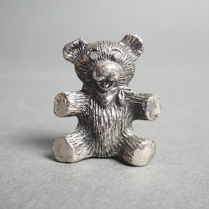 Vintage Metal Teddy Bear Figurine, Cute, Small Silver Teddy Bear, Miniature Teddy Figurine, Neckerchief, Vintage Mini Bear Toy Figurine Cute