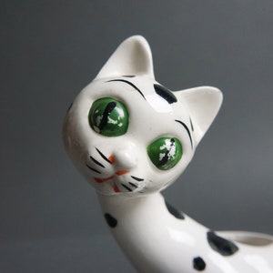 Vintage I.W. Rice & Co Imports Spotted Ceramic Cat Figurine, Hand Painted, Toothpick Holder, Japan, Dalmatian, Kitschy, 1950's, Black, White image 7