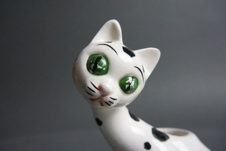 Vintage I.W. Rice & Co Imports Spotted Ceramic Cat Figurine, Hand Painted, Toothpick Holder, Japan, Dalmatian, Kitschy, 1950's, Black, White image 7